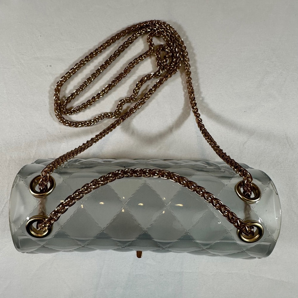 Clear Quilted Jelly Crossbody Mini Bag Shoulder Purse 6.25"x 4" Gold Chain Strap - Picture 5 of 10